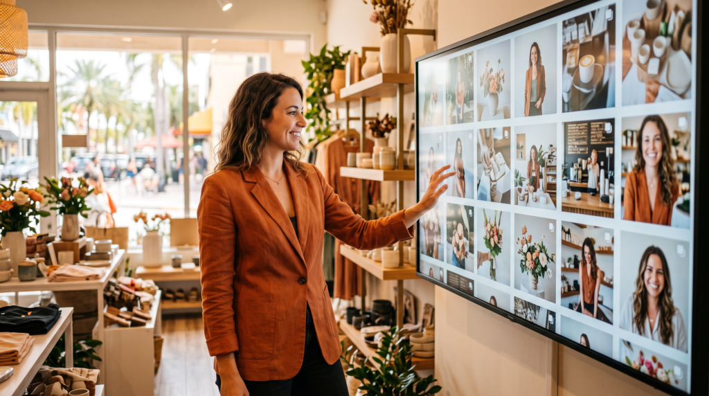 Confident small business owner reviewing a polished grid of professional social content, punching above its weight