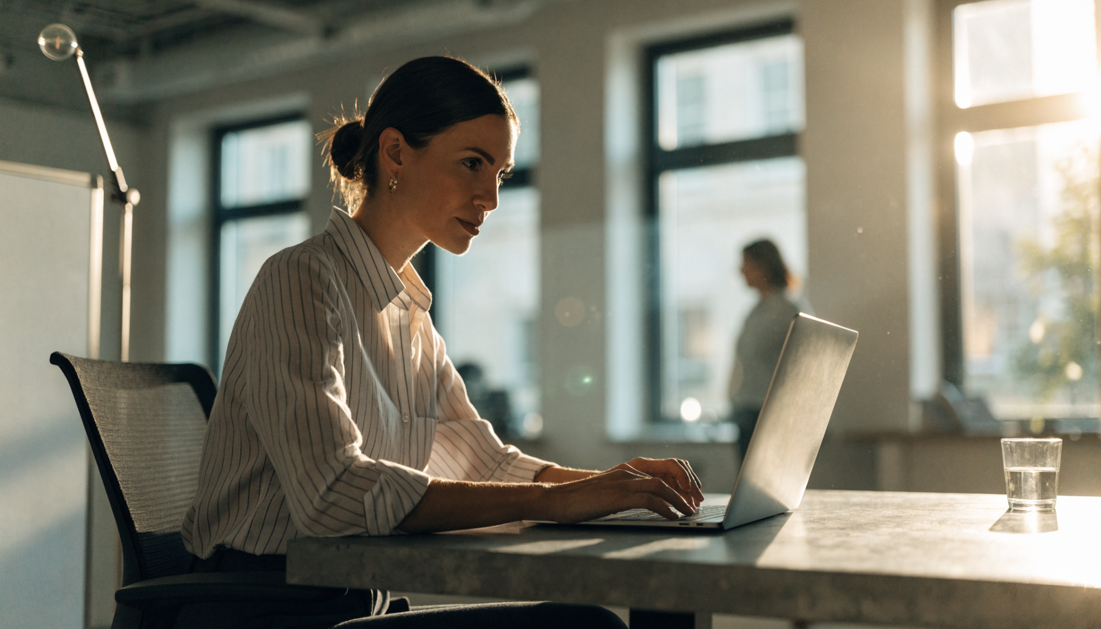 A confident small business owner working at a laptop in a bright modern office
