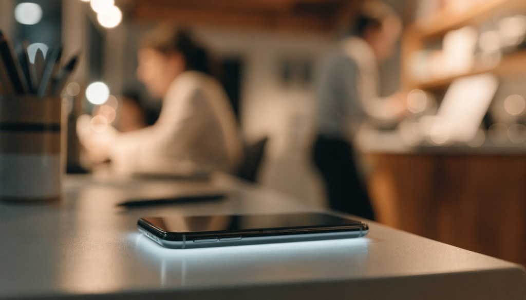 A sleek smartphone glowing softly on a clean desk inside a busy small business