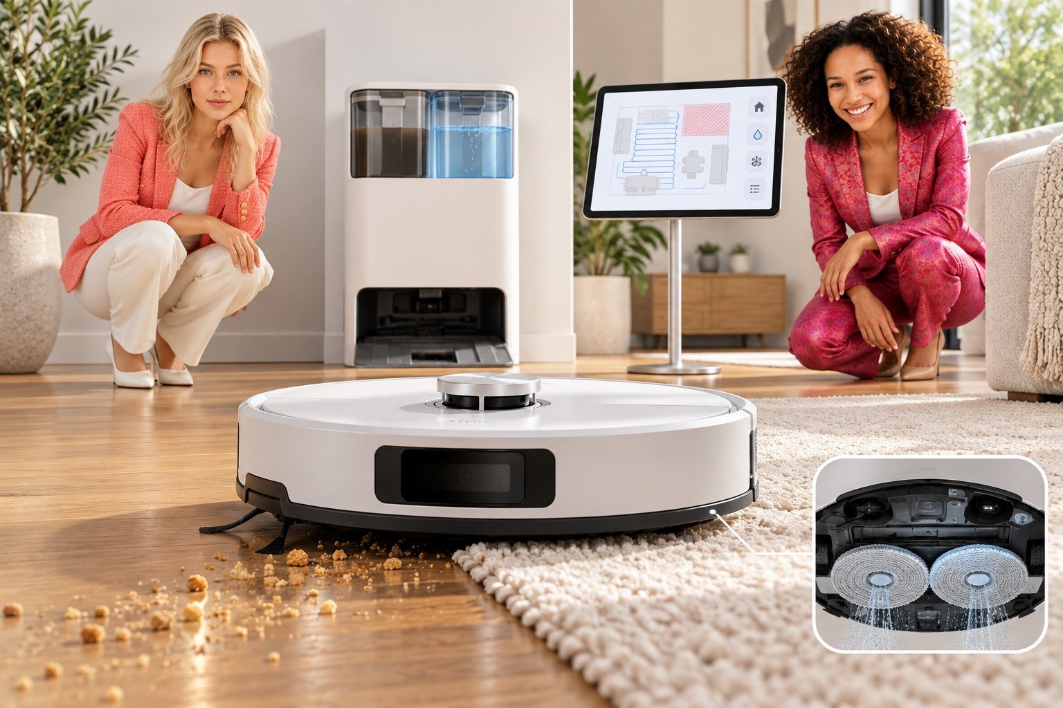A robot cleaner, docking station, room map and mop-pad inset put the cleaning system in view.