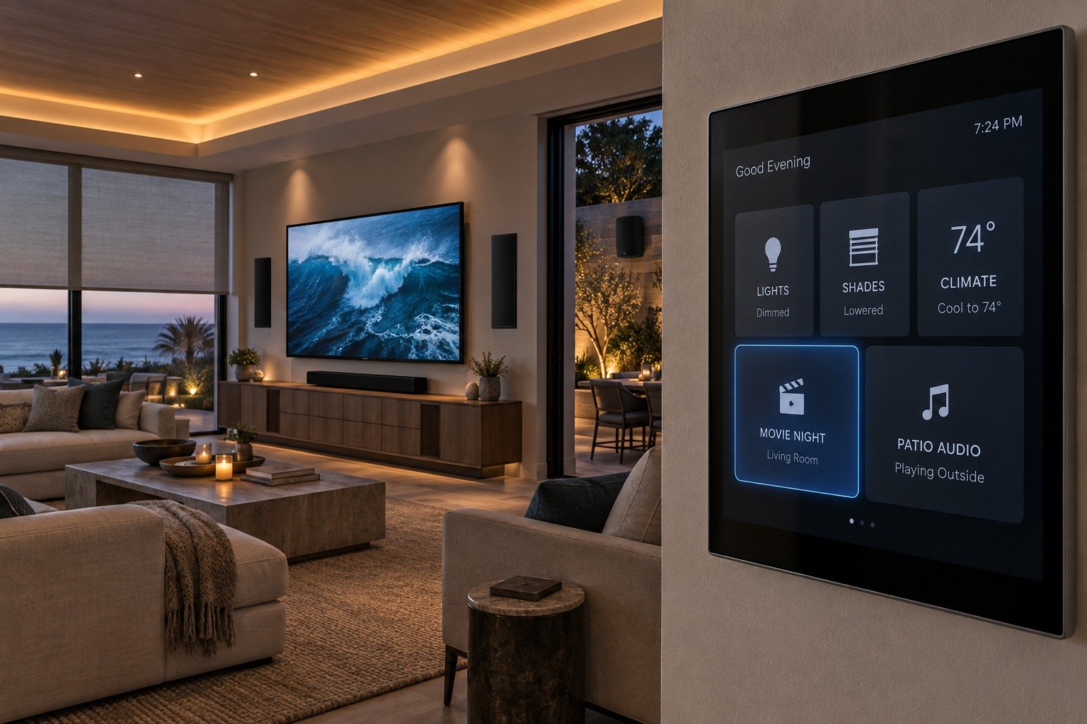 One control screen brings lighting, shades, climate, movie night and patio audio together in this imagined setup.