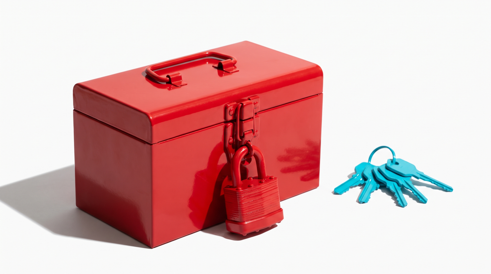 A red padlock clamped on a bright toolbox with a ring of cyan keys just out of reach