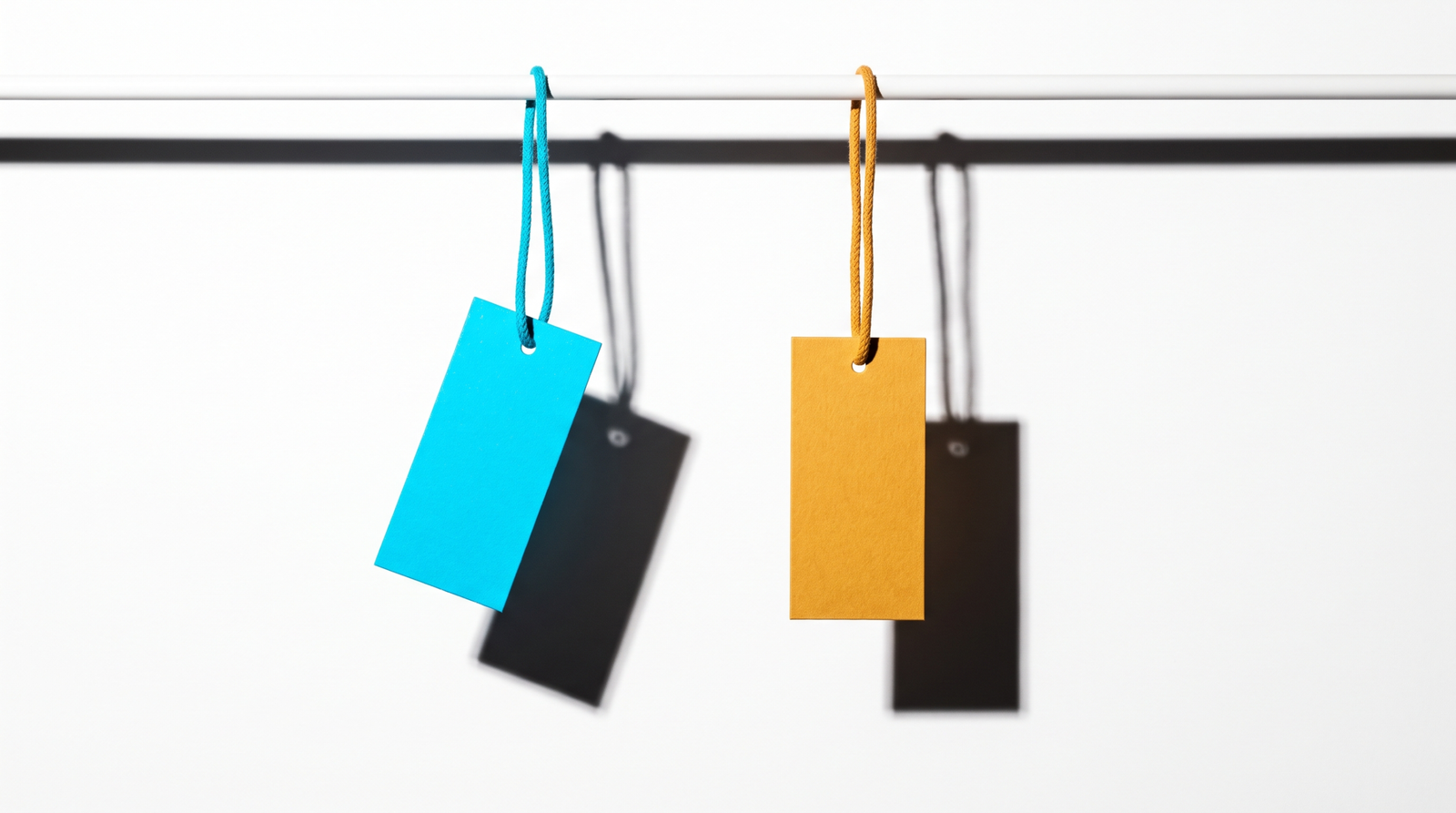 Two identical blank price tags, one cyan and one amber, hanging at the same height