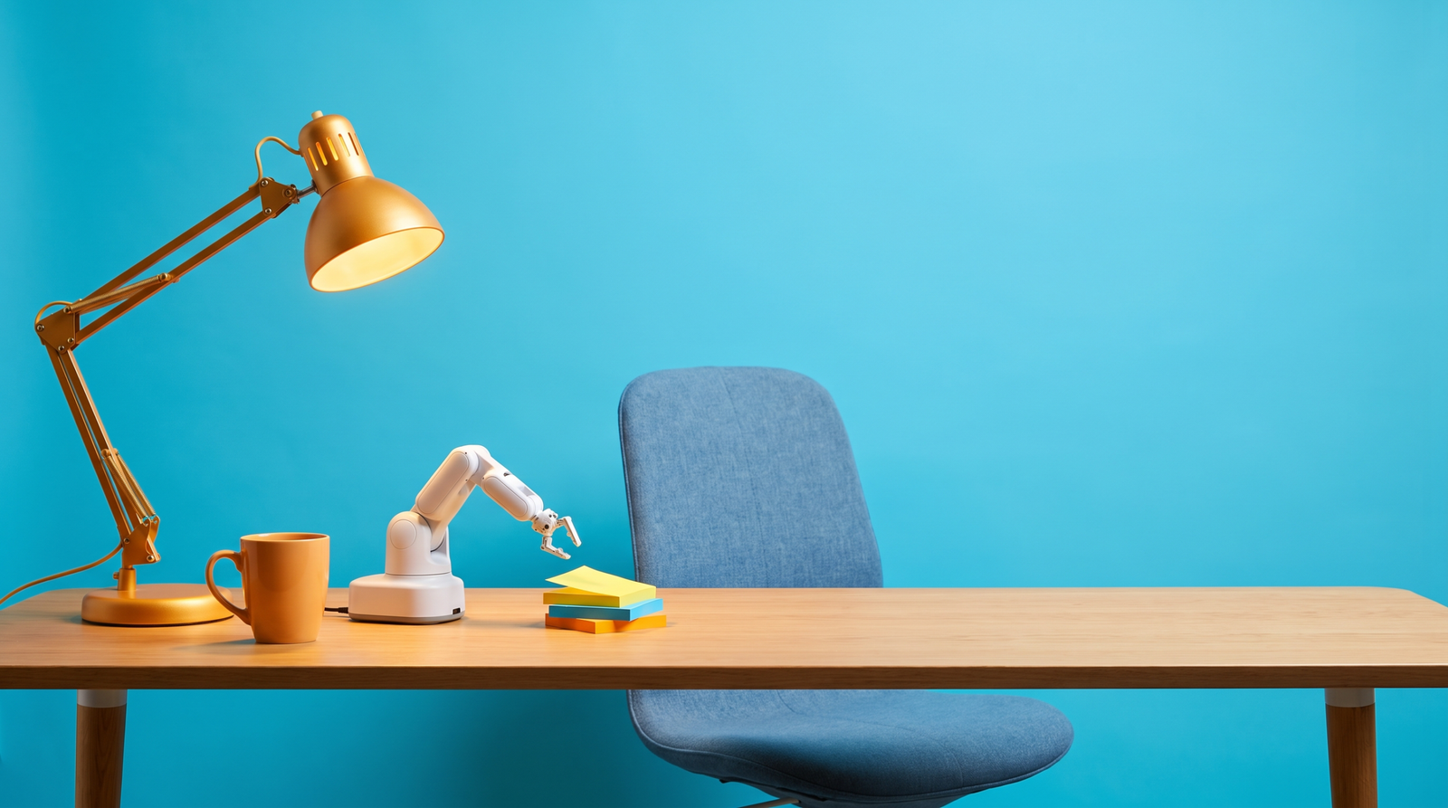 A desk against a bold cyan wall with an empty chair, amber lamp and a small robot arm reaching for paper