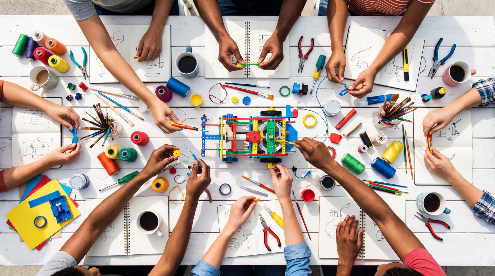 Overhead view of a white table covered in bright tools with a dozen pairs of hands reaching in