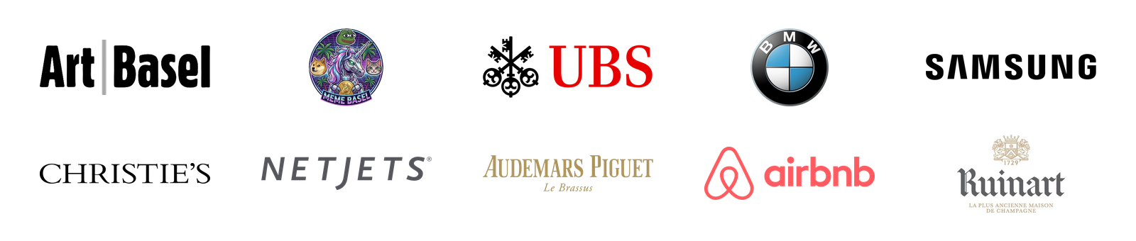 Logos of organizations in this story: Art Basel, Meme Basel, UBS, BMW, Samsung, Christie's, NetJets, Audemars Piguet, Airbnb, Ruinart