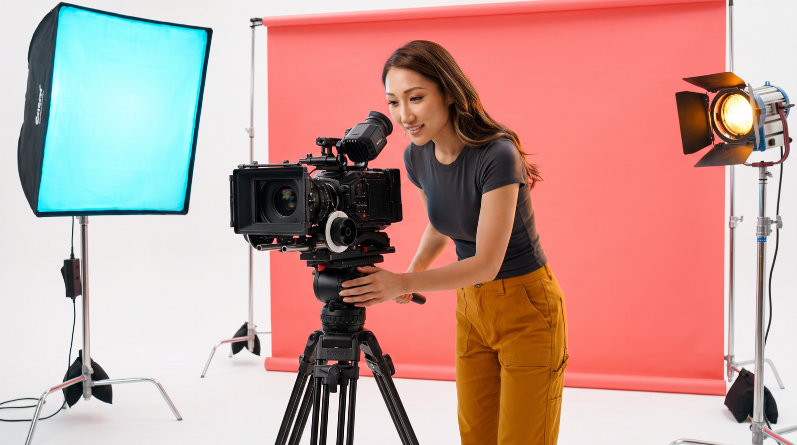 Bella, Zip AI's media production correspondent, checking a shot on a cinema camera on a bright set