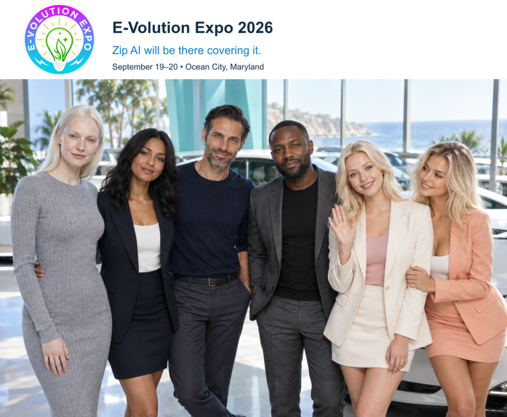 Official E-Volution Expo logo with Freya, Valentina, Harry, Marcus, Emily and Peaches in an AI-generated promotional scene. Zip AI will cover the event September 19–20, 2026.