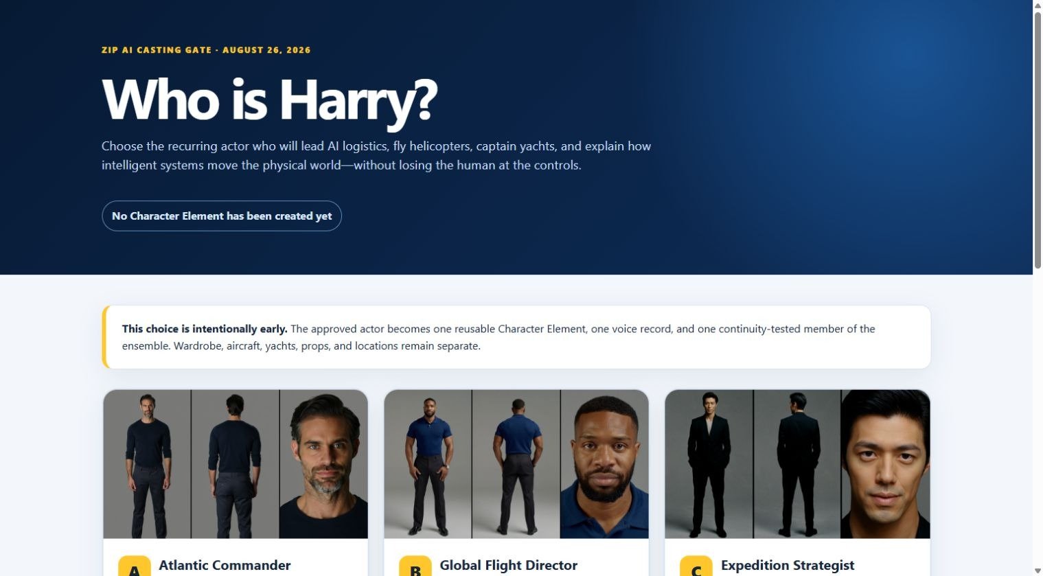 Recovered screenshot of Harry's original casting board. Candidate A was selected in the production record. New candidates were appropriate for this initial casting stage; they were not appropriate for already-established leads.