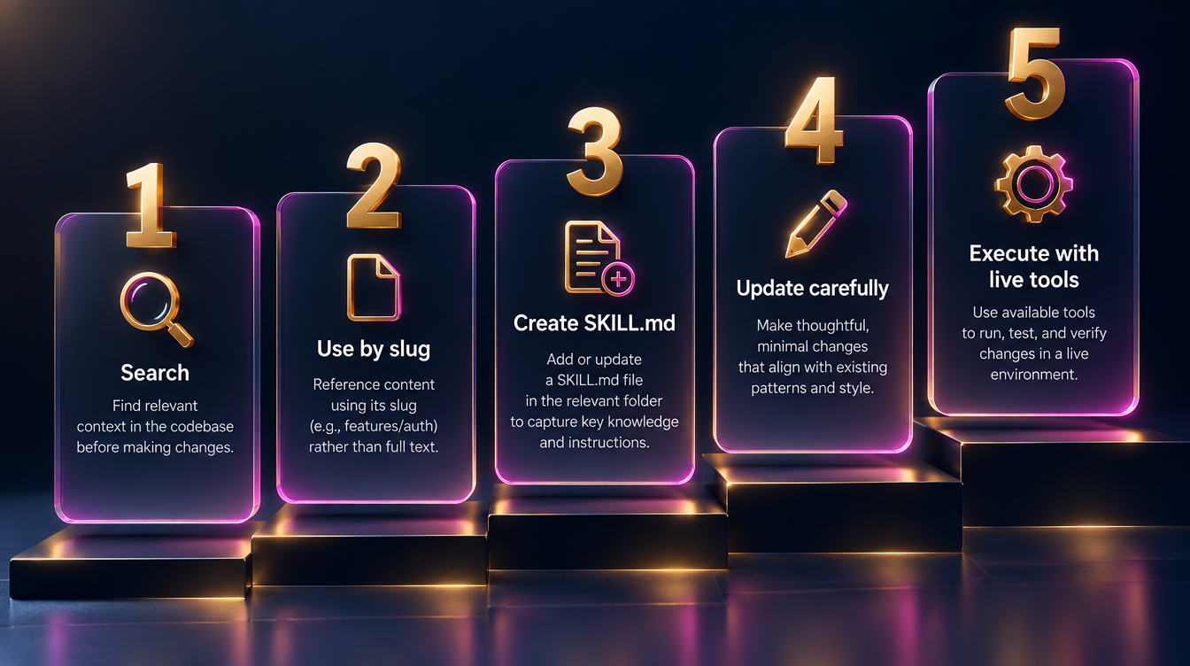 Operator checklist graphic: search, use by slug, create carefully, update with full markdown, execute with live tools