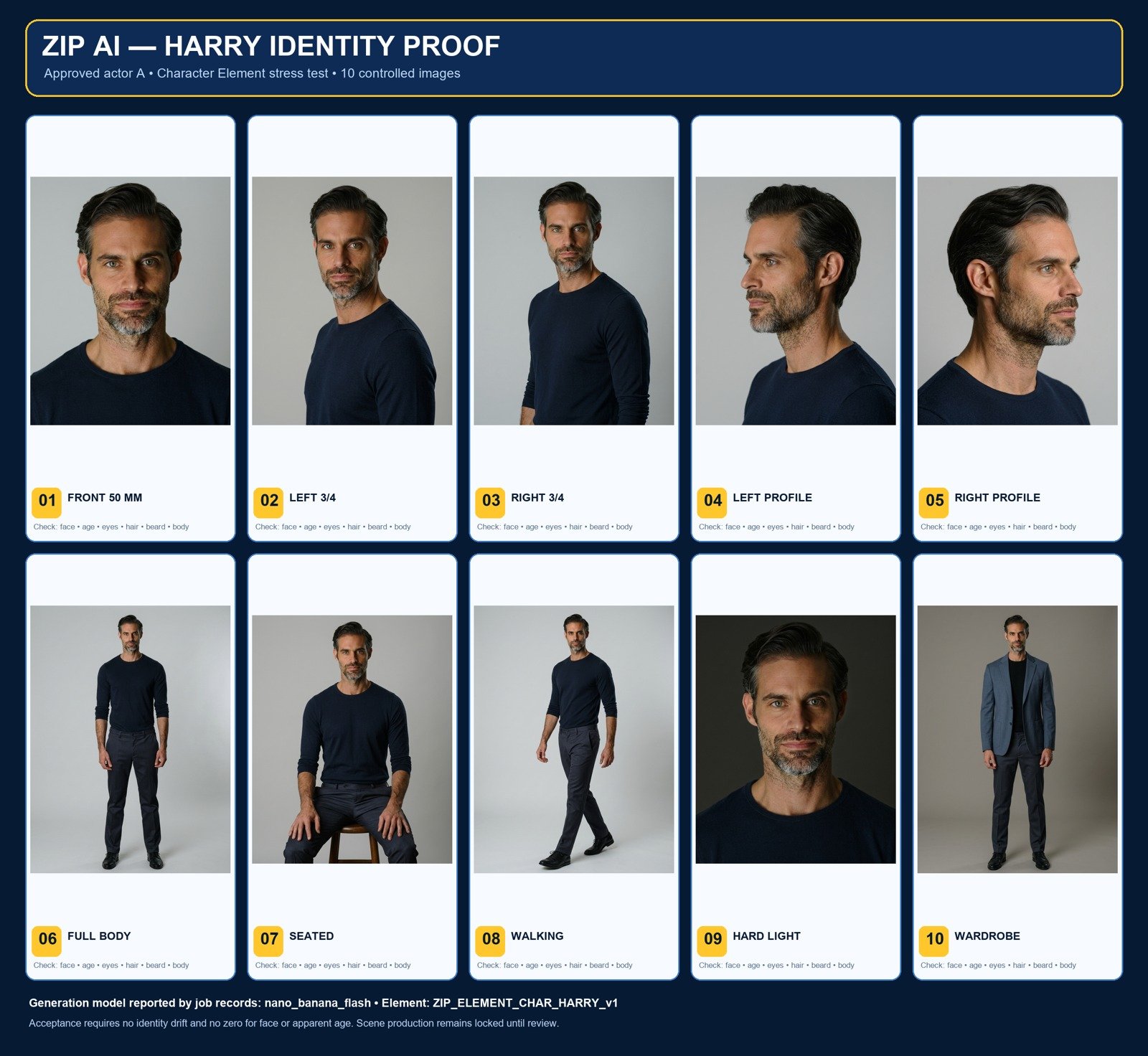Historical production evidence: Harry's ten-view identity proof sheet. The original production record marks this set as passed; the sheet documents what was reviewed, not a guarantee about future generations.