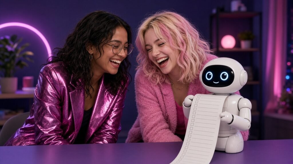 Radio and Peaches with a checklist robot