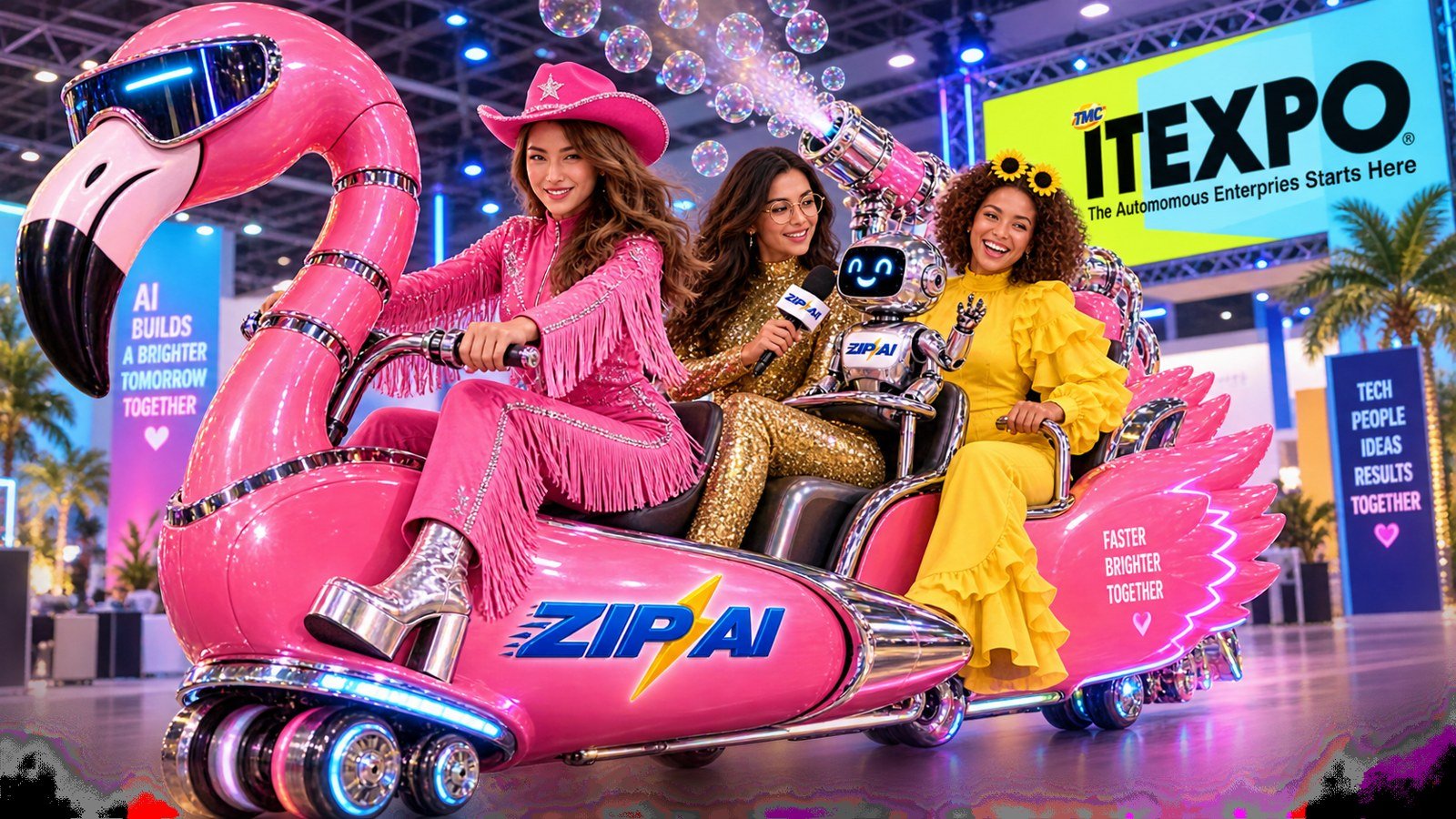 Radio, Bella and Kai make an entrance. The flamingo is fictional; the technology questions are real.