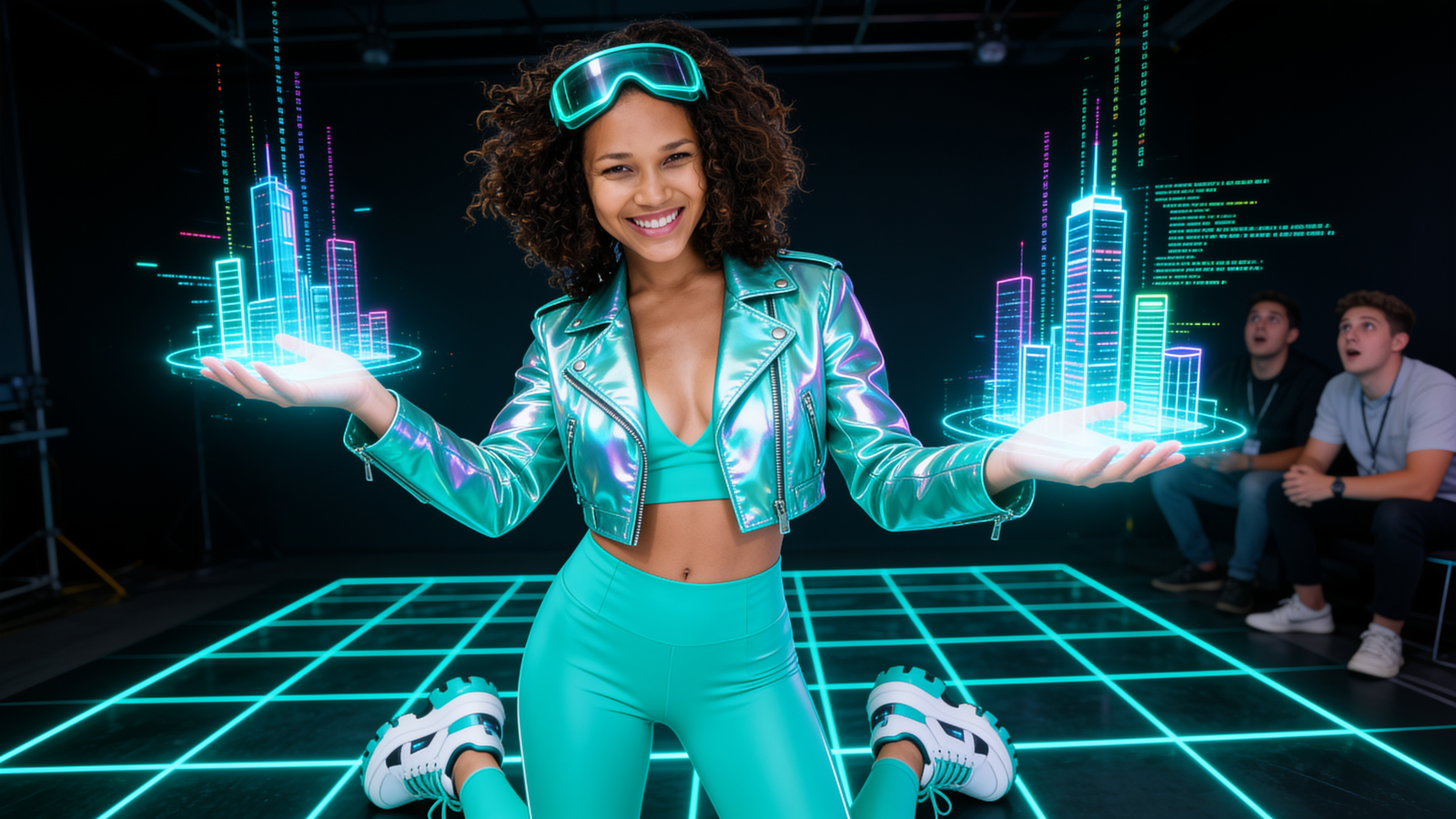 Kai in a neon-teal holographic jacket building a glowing virtual city from her palms on a laser-grid floor