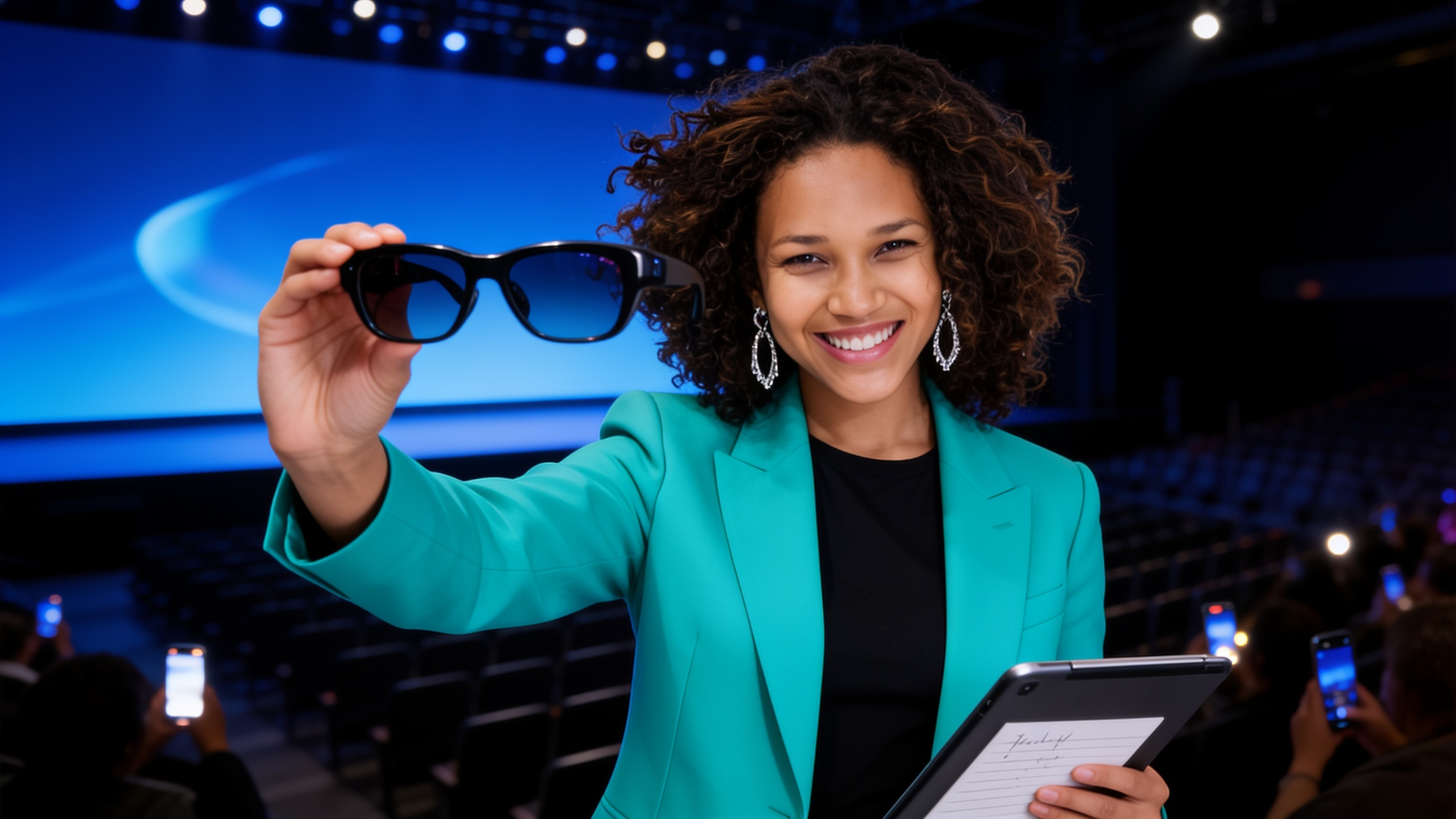 AI-generated image of Zip AI correspondent Kai holding up a pair of smart glasses in a keynote auditorium