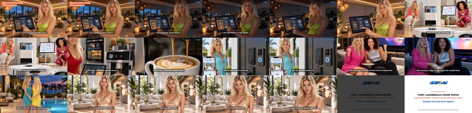 Twenty-one frames across the first cut: Peaches dims the room, a robot vacuum, espresso, a smart lock, movie night, the patio, Peaches' closing invitation and the Zip AI end card