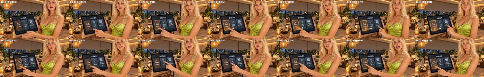 Fourteen frames from the HeyGen Avatar IV test showing Peaches talking and tapping the tablet while the room stays unchanged