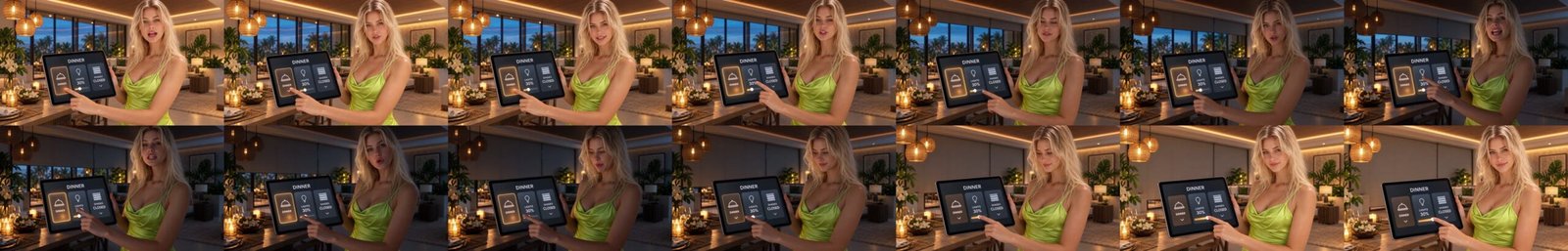 Fourteen frames from the Seedance 2.5 best-of-both take: Peaches taps Dinner, the lights dim and shades lower, then she raises the lights