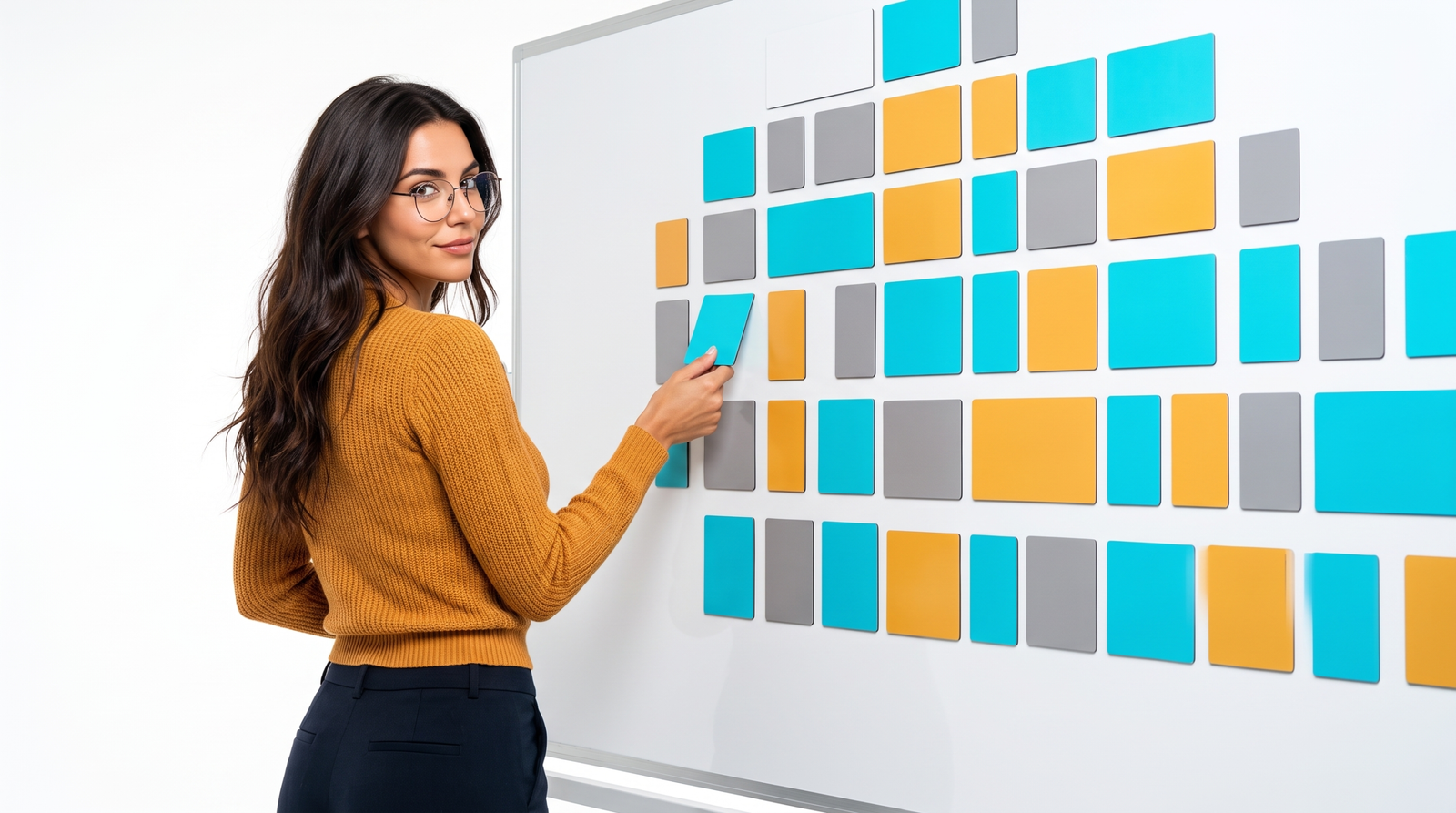 Radio tapping a single cyan card on a wall grid of blank coloured cards, looking back at camera