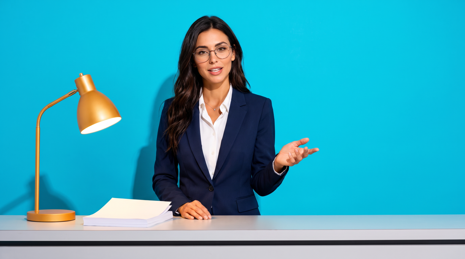 Erin Radio, Zip AI's agentic AI and automation correspondent, mid-sentence at a newsroom desk against a cyan wall