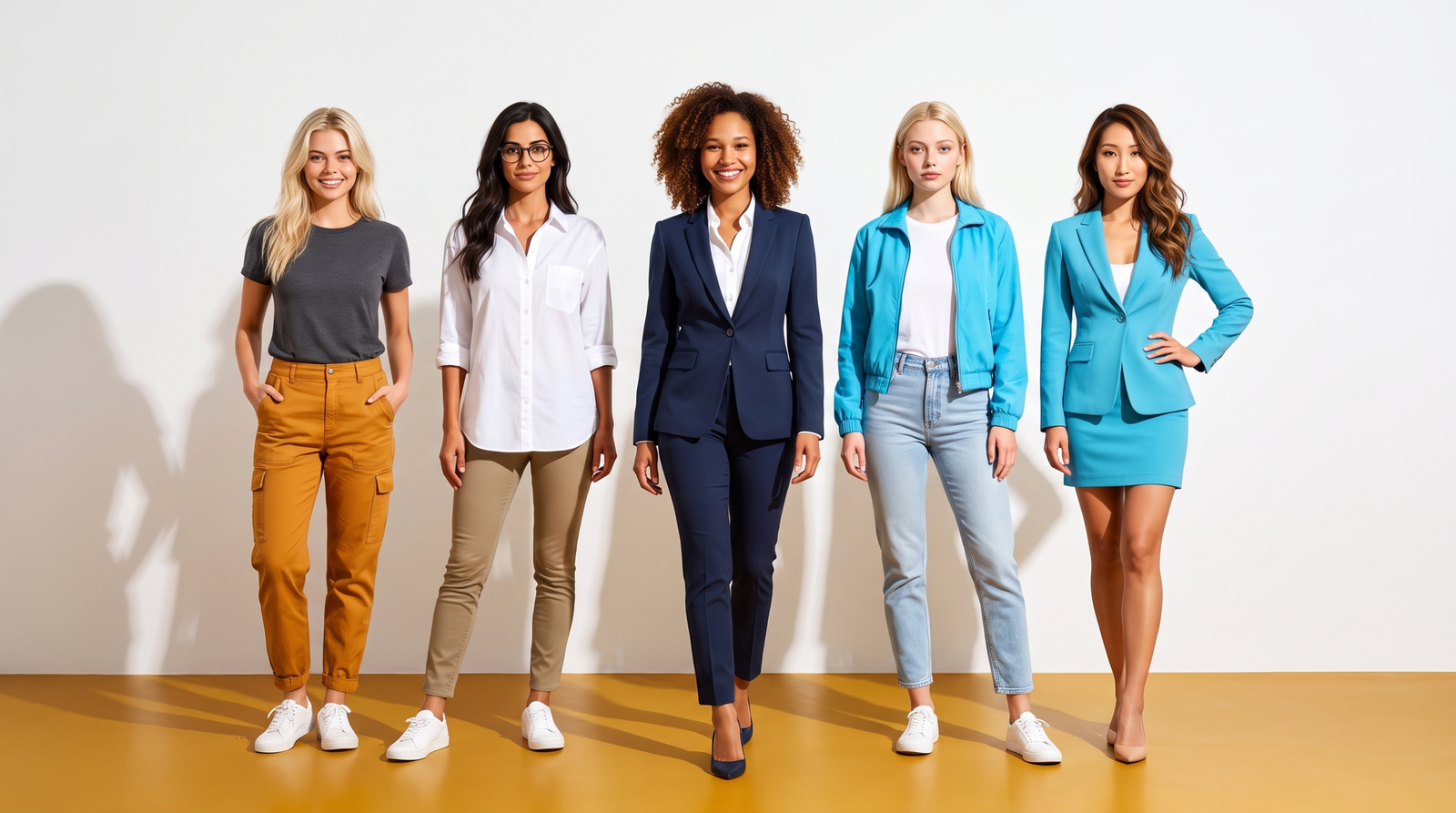 The five Zip AI correspondents standing in a line against a white backdrop: Bella, Peaches, Radio, Kai and Emily