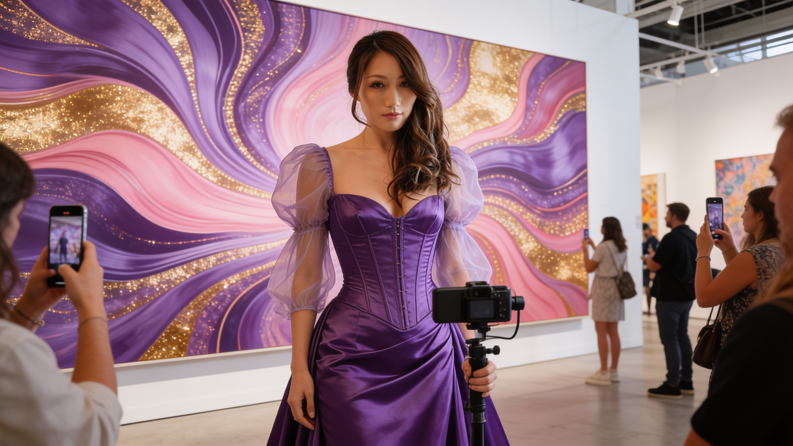 Bella filming a wall of generative AI art
