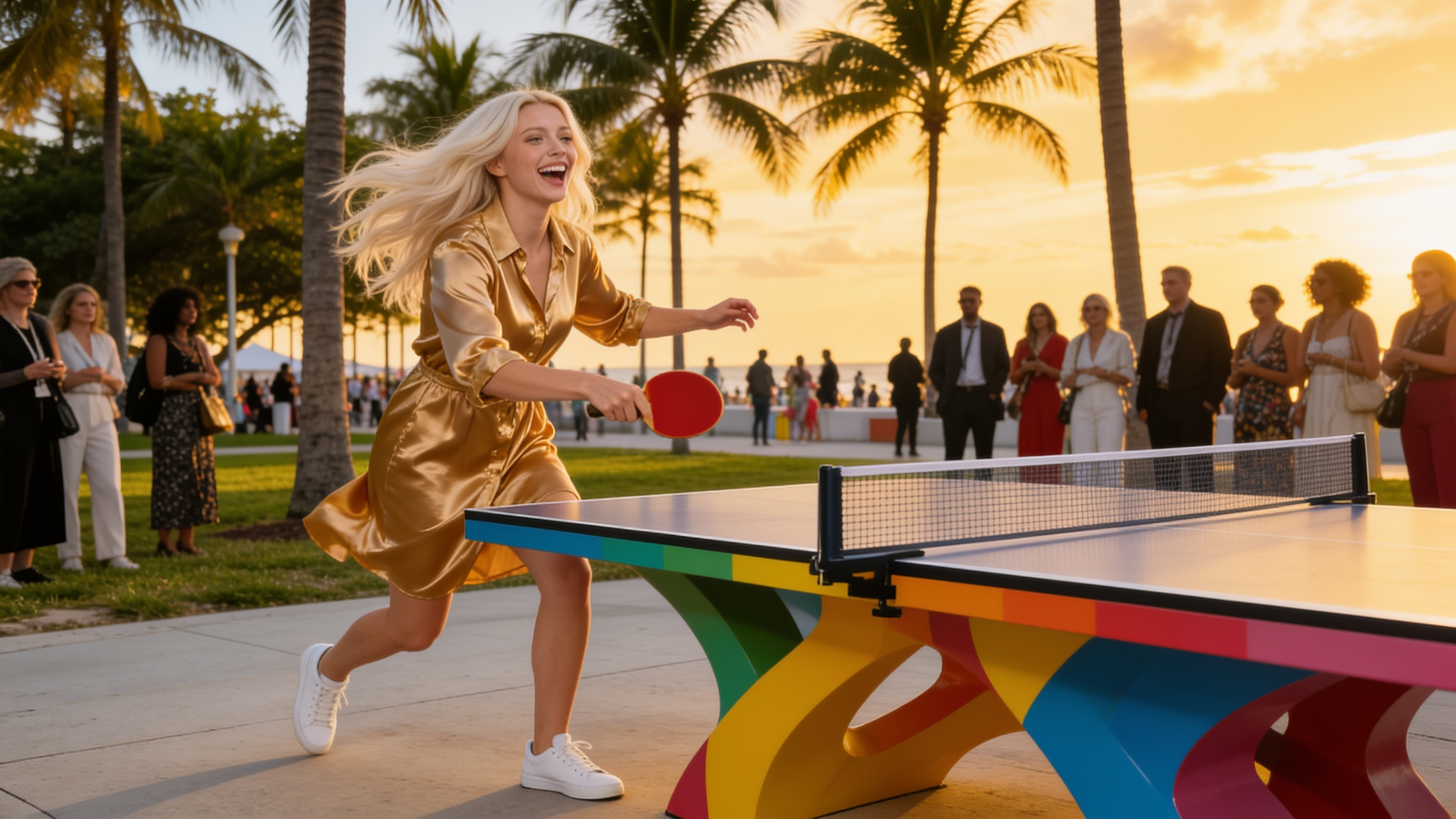 Emily playing ping-pong at a public art installation in a beach park