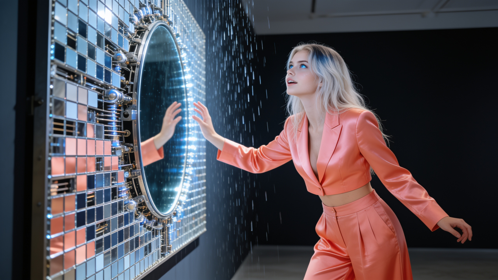 Peaches in front of a moving kinetic mirror installation