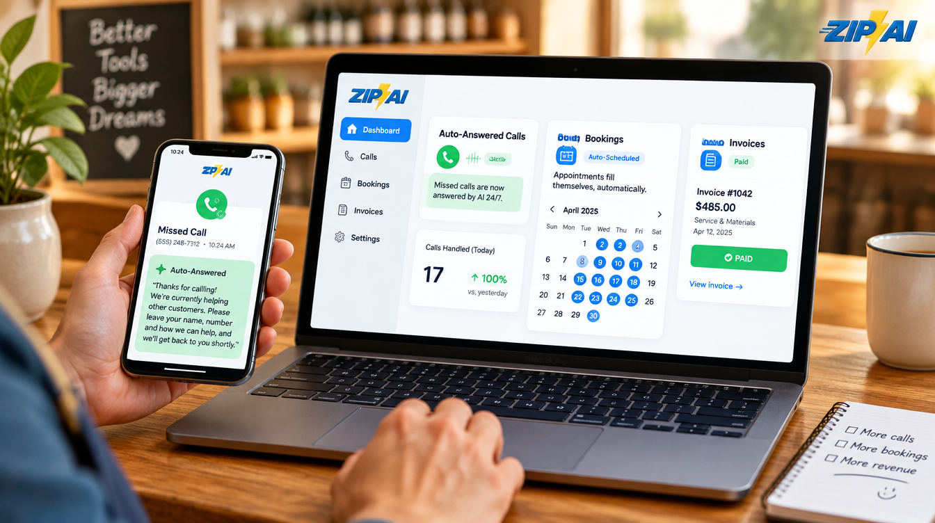 A small business automation dashboard showing an auto-answered call, a self-filling booking calendar, and an invoice marked paid, branded Zip AI