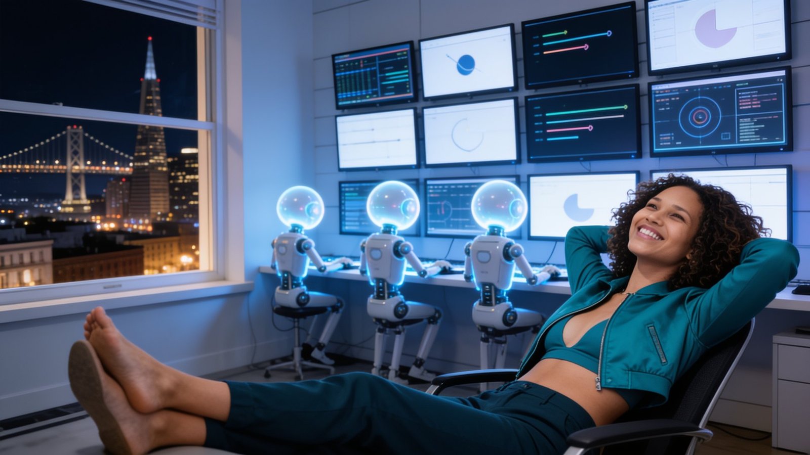AI-generated Kai relaxing while AI agents work