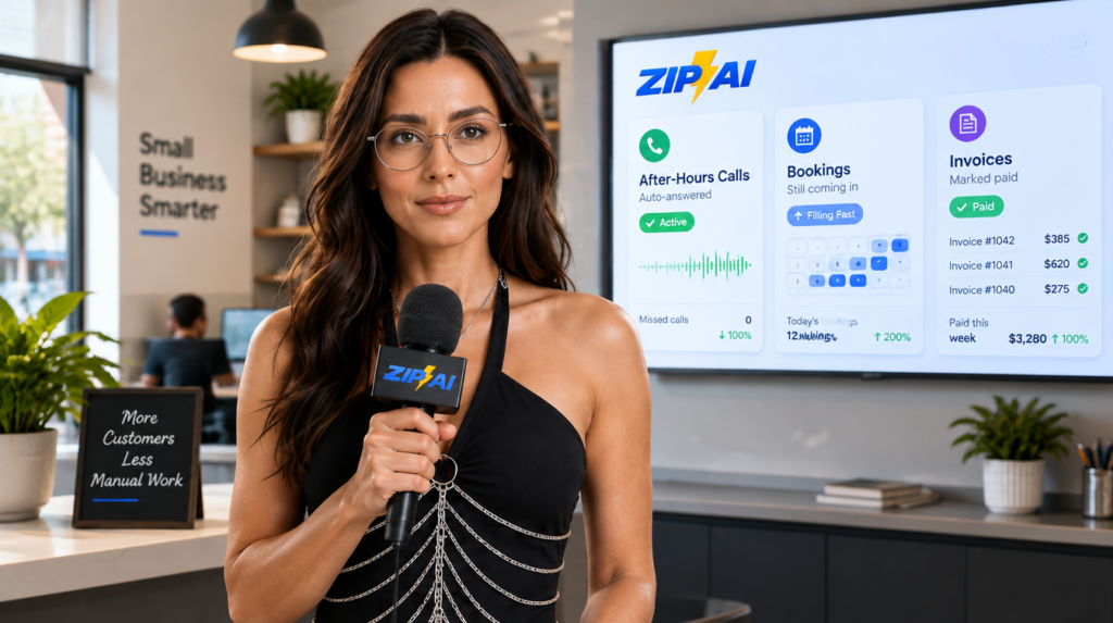 Zip AI automation correspondent Radio reporting on small business AI automation with a Zip AI microphone