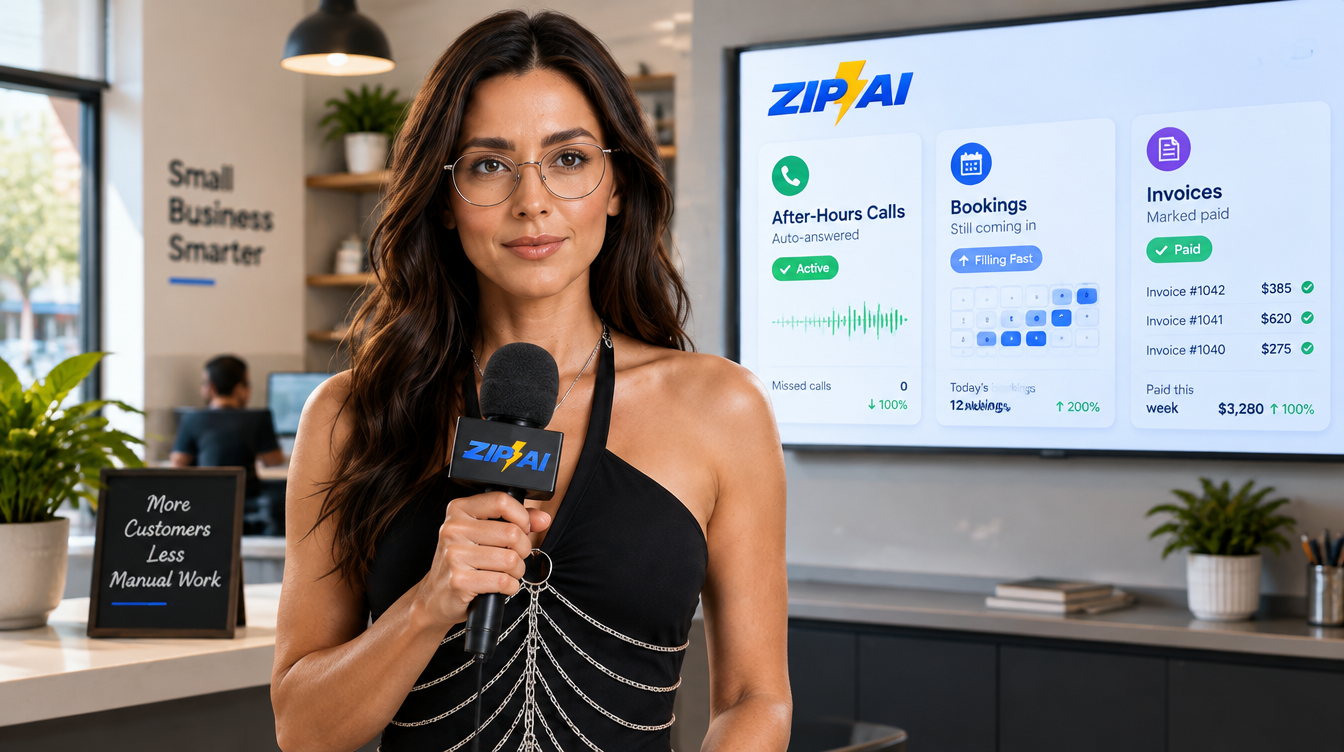Zip AI automation correspondent Radio reporting on small business AI automation, holding a Zip AI microphone