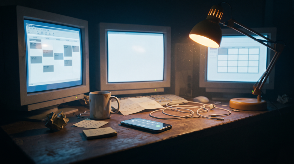 A desk at night lit by three monitors showing a post queue, an error dialog and an empty calendar, with a phone displaying a verification code prompt