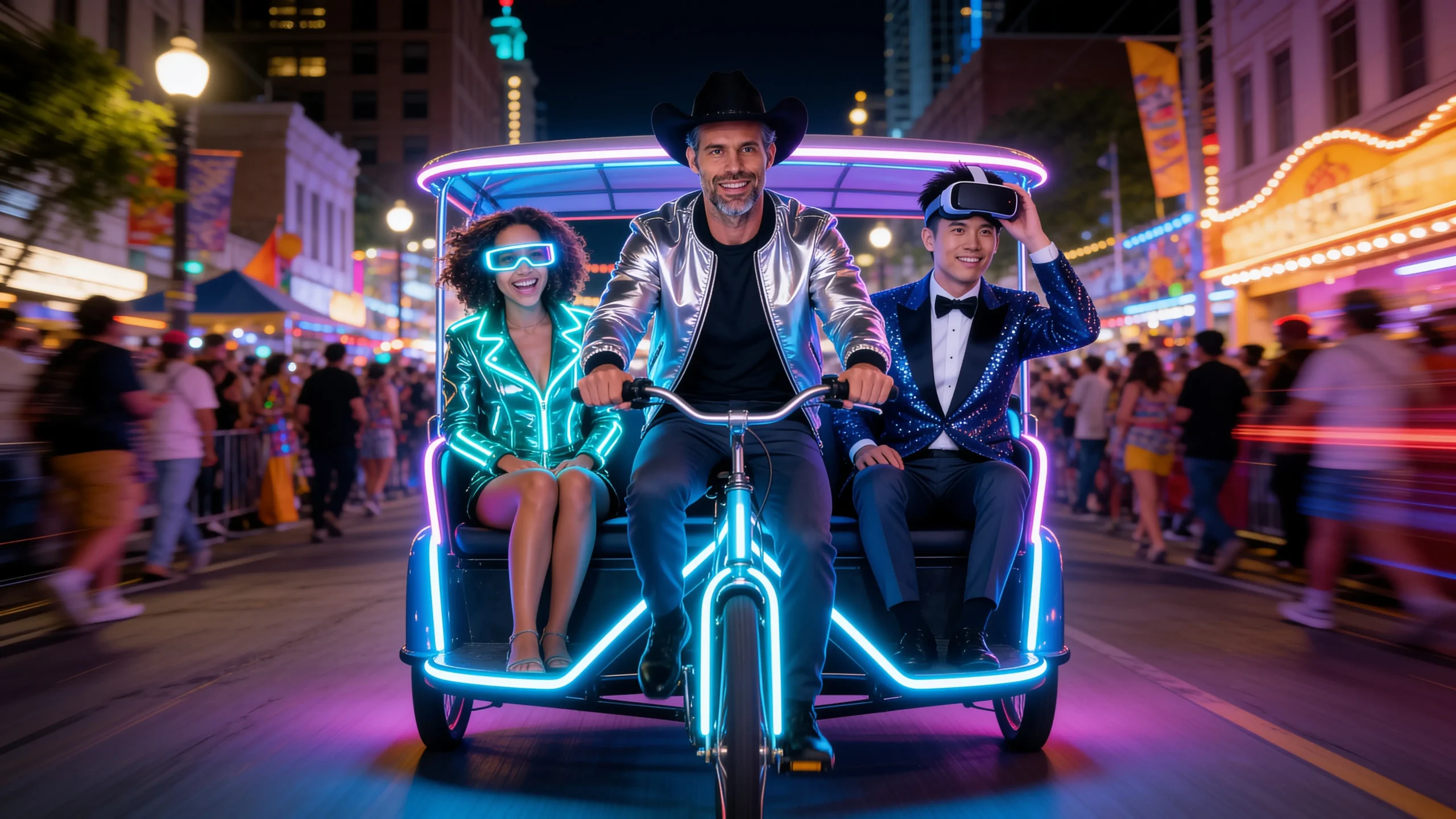 Harry pedaling a glowing pedicab with Kai and Kenji