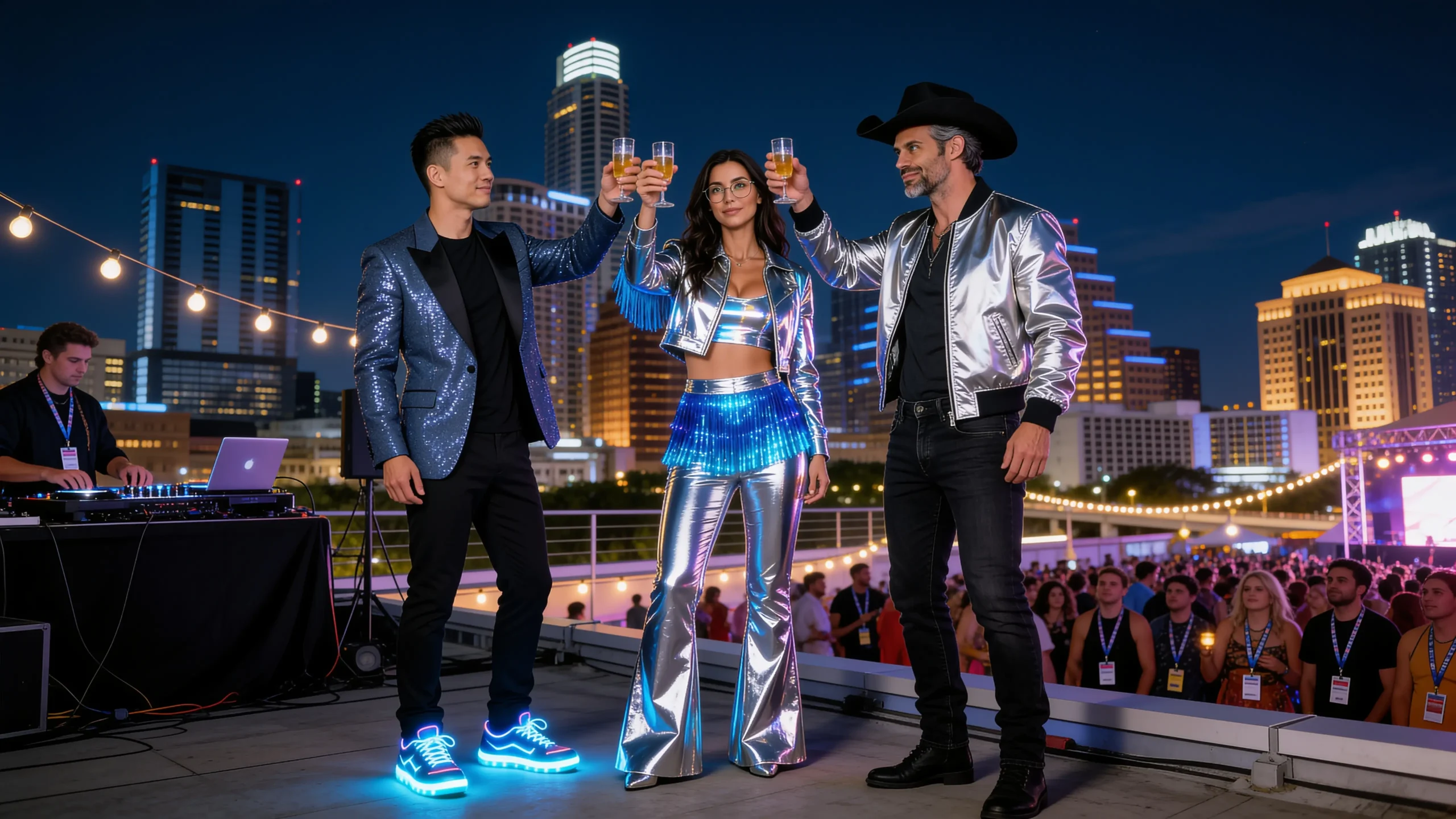 Kenji, Radio and Harry toasting on an Austin rooftop