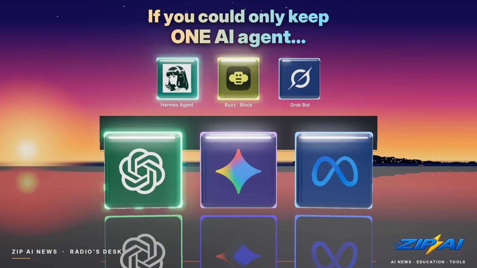 Six AI agent logos on glowing glass tiles