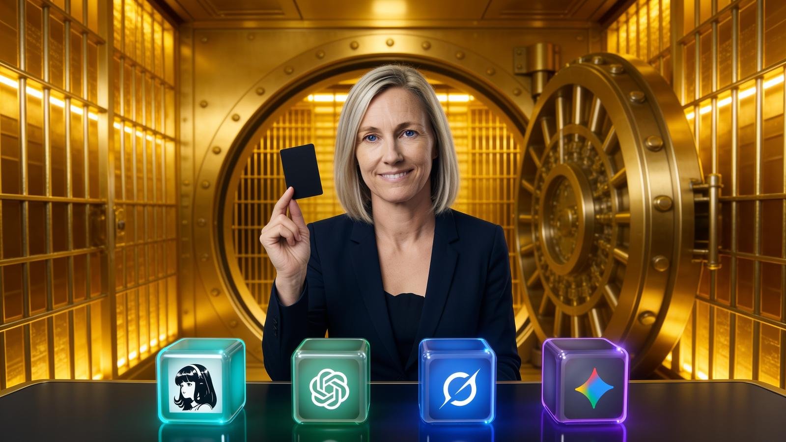 Eleanor Vance holds the company card while four AI agent cubes wait for approval
