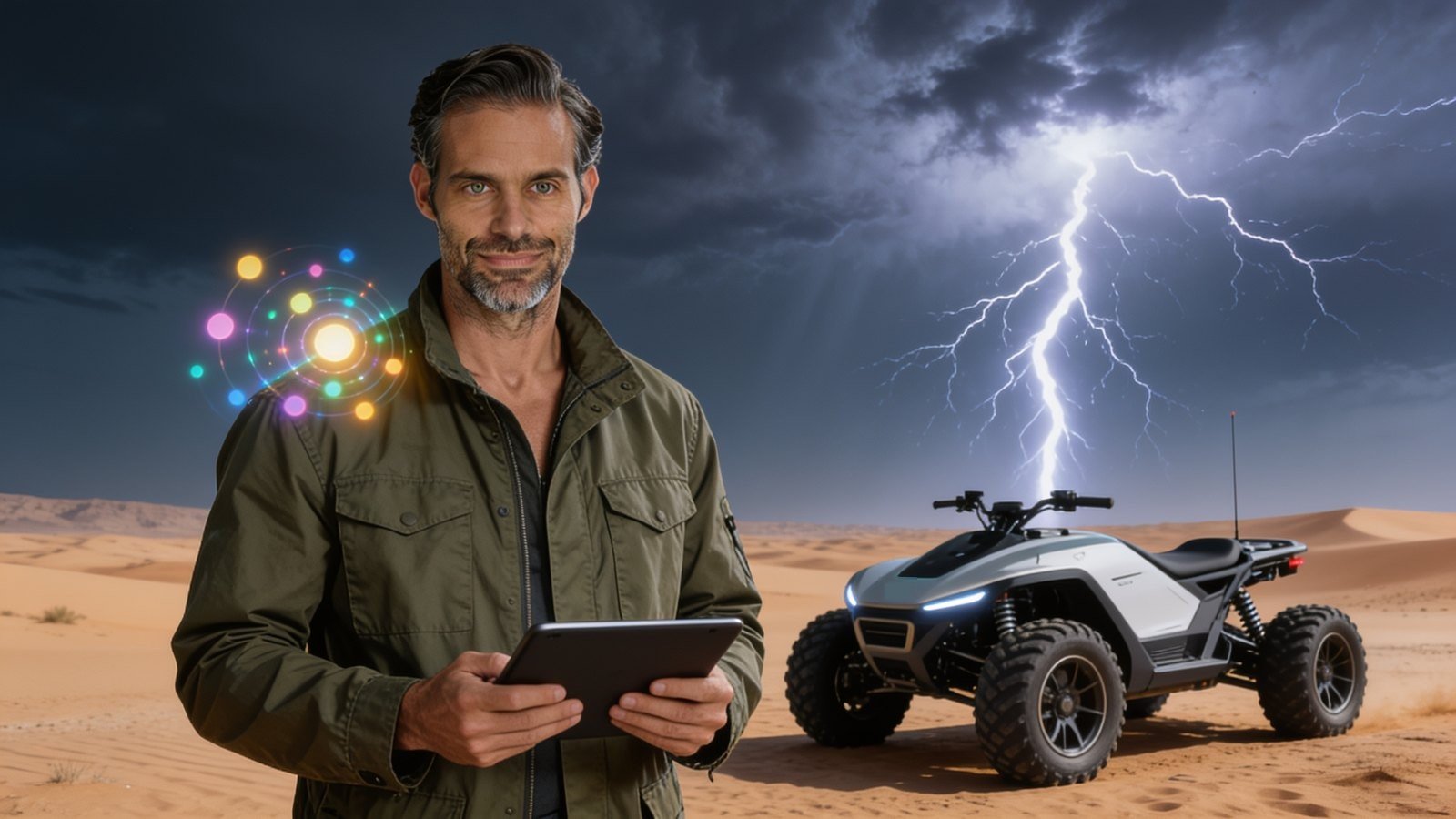 Harry in a desert storm with glowing dot-shaped lights