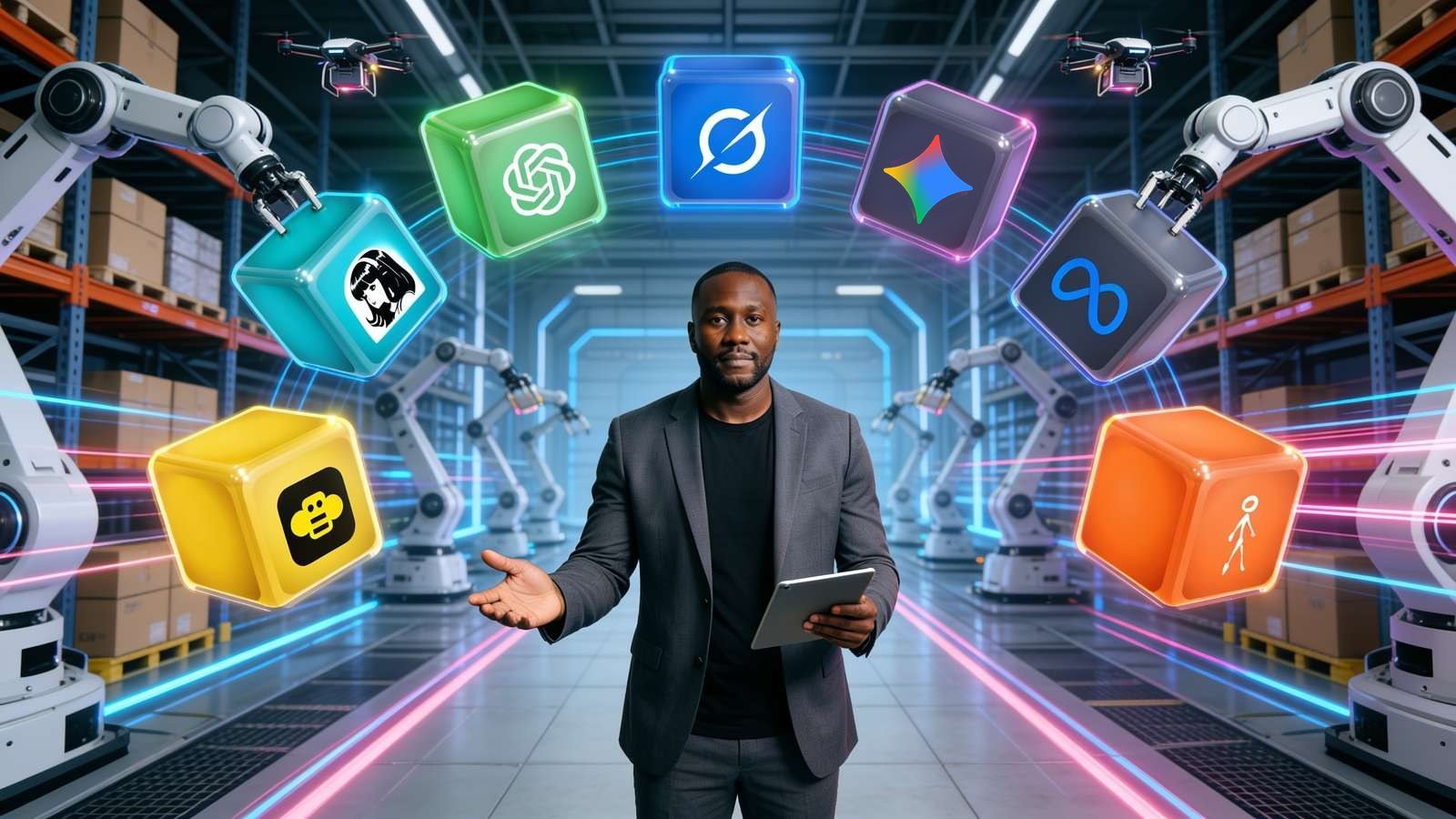 Marcus Hale surrounded by the seven AI agent cubes