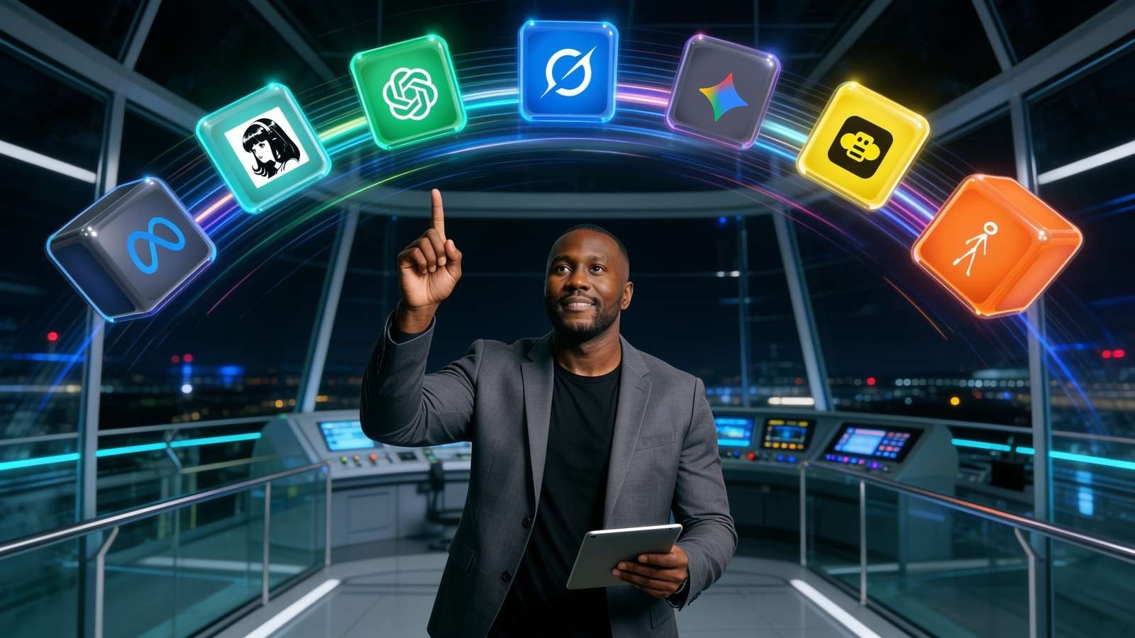 Marcus Hale points at seven glowing AI agent cubes