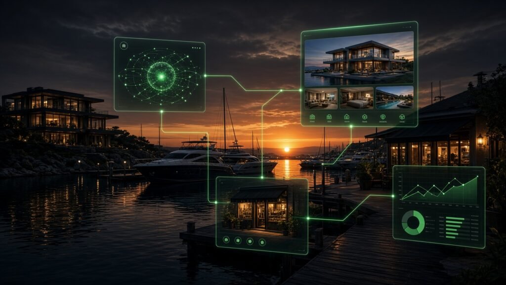 AI agents at work across a marina, a home listing, a storefront and a marketing dashboard
