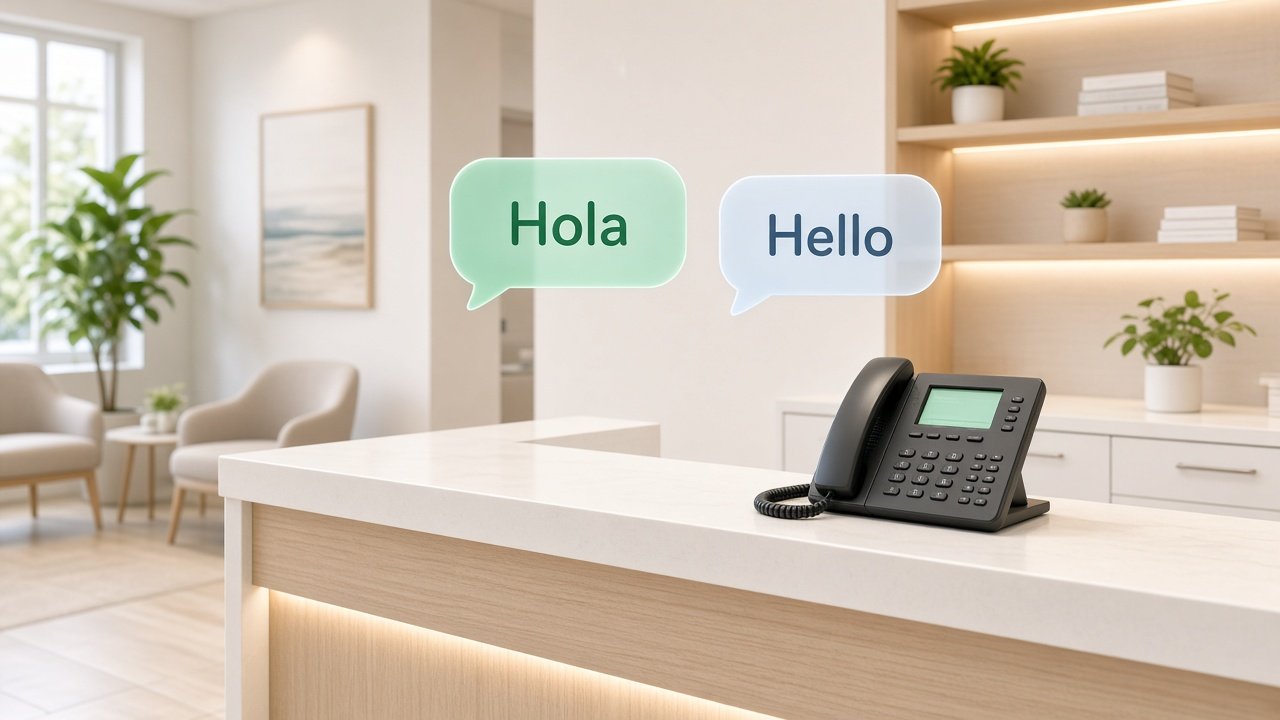 Bright dental office front desk with a glowing phone and a Hola / Hello speech bubble