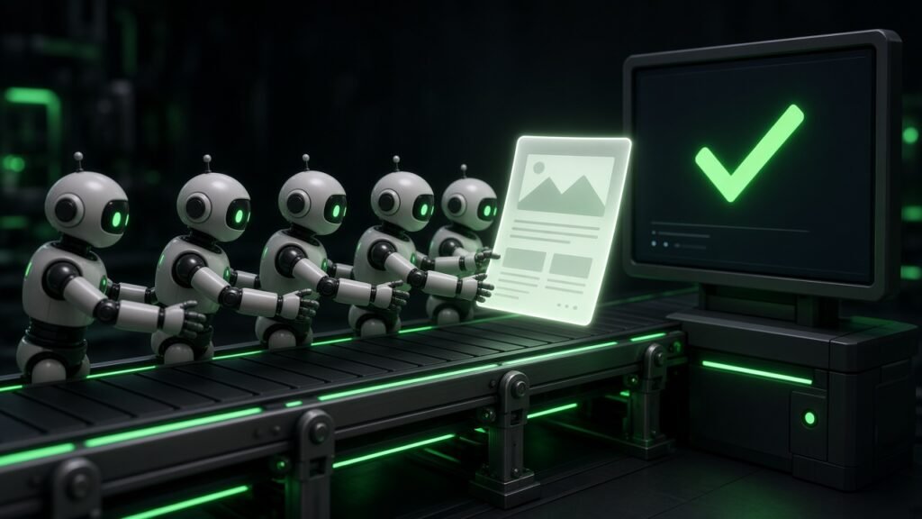 Five small robots passing a blog article along a line to a published screen