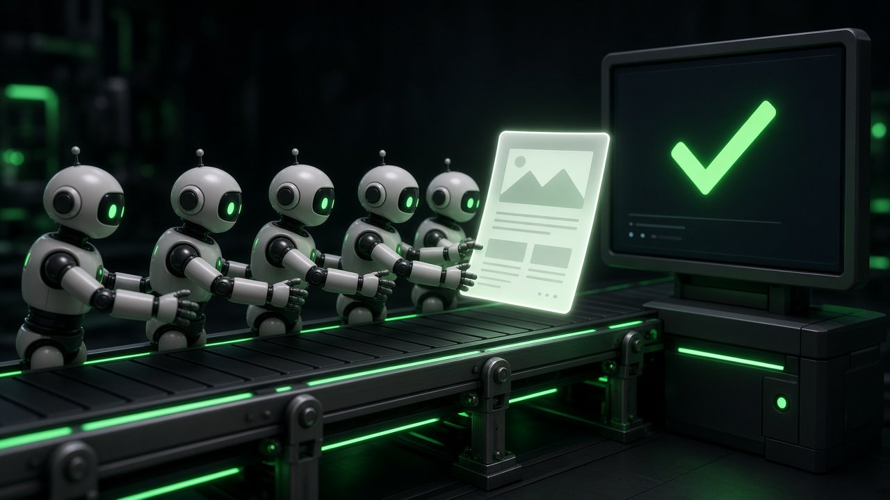 Five small robots passing a blog article along a line to a published screen