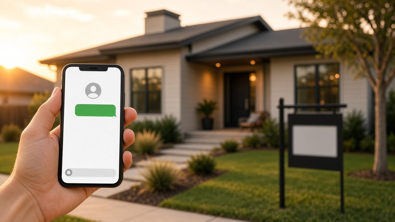Modern suburban Texas home with a smartphone showing a new text message