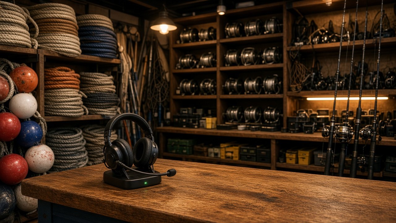 Marine and fishing supply store interior with a headset on the counter