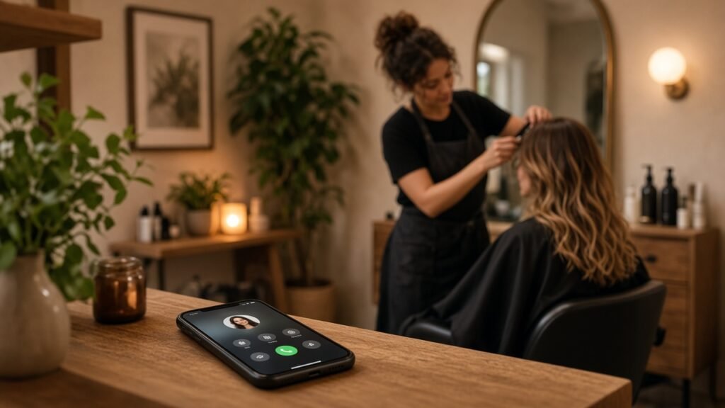 Small salon studio with the owner serving a client while a phone on the shelf answers an incoming call