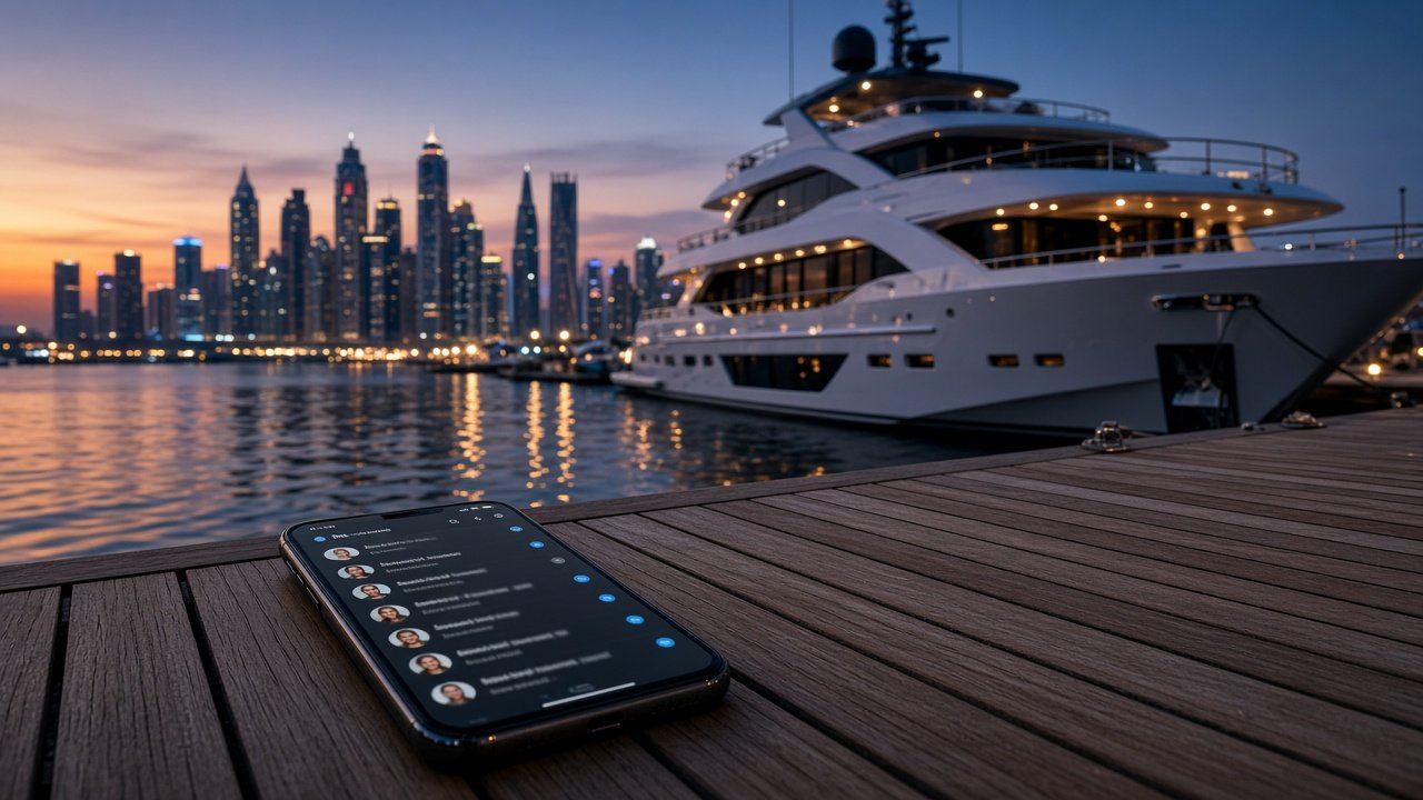 Luxury motor yacht at a Dubai marina at dusk with a phone on the dock showing a chat inbox