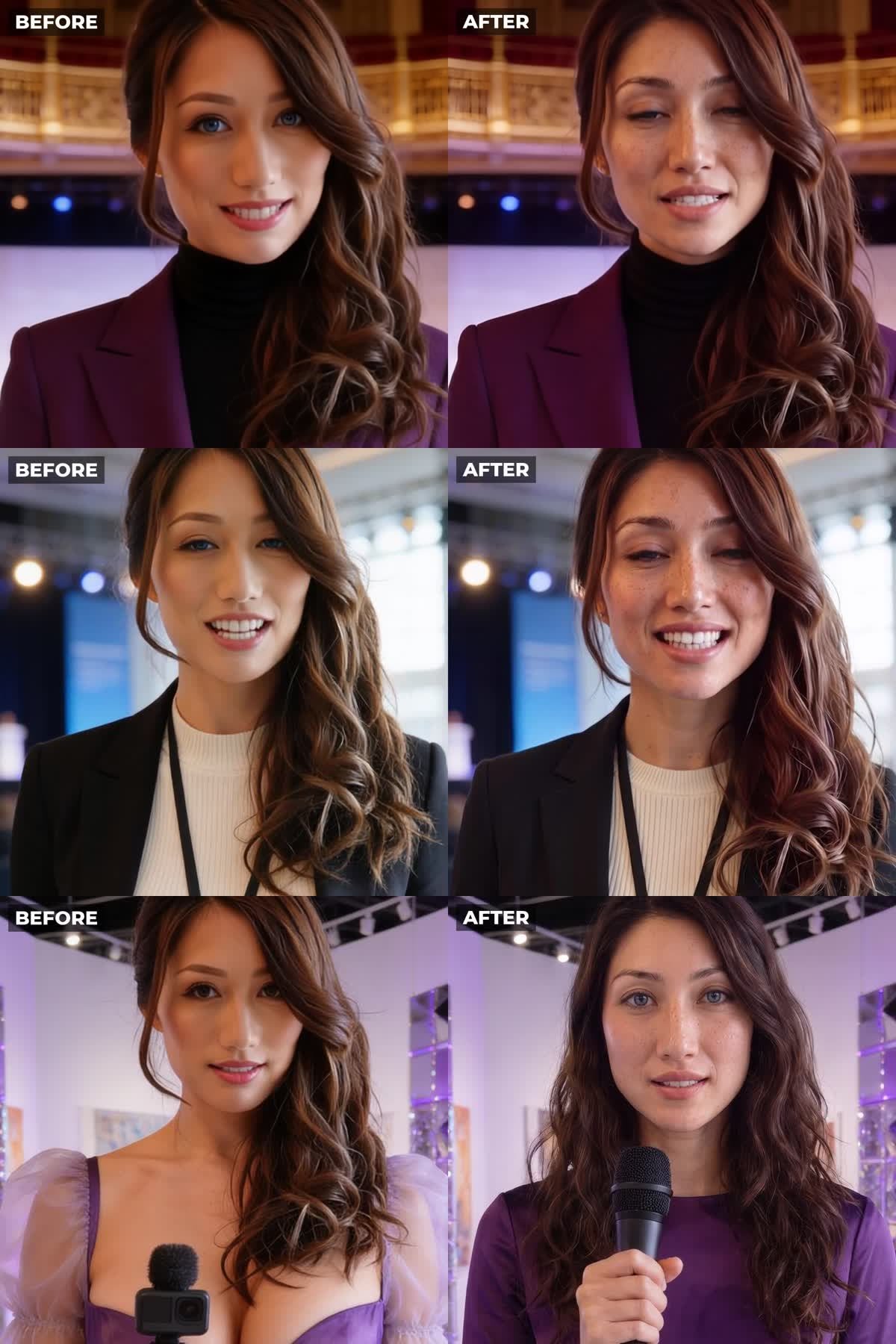 Face close-ups from three Bella videos, before and after the new face
