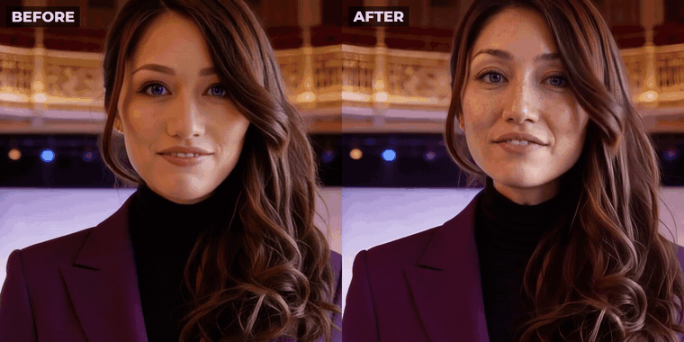 Video clip: AI presenter Bella before (glossy) and after (freckled, natural skin), moon landing segment